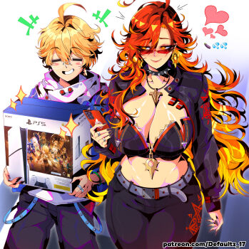 +++ 1boy 1girl absurdres adapted_costume aether_(genshin_impact) belt belt_buckle black_collar blonde_hair blush_stickers boyfriend_with_expensive_gifts_(meme) breasts buckle cleavage closed_mouth collar commentary controller defaultz eggplant_emoji english_commentary fingernails game_console game_controller genshin_impact glasses grey_belt grin heart highres jewelry large_breasts long_fingernails long_hair looking_at_another looking_over_eyewear looking_to_the_side mavuika_(genshin_impact) meme midriff necklace orange_eyes orange_hair pendant playstation_5 red-tinted_eyewear ring round_eyewear sideways_glance smile spiked_collar spikes sunglasses sweatdrop_emoji symbol_in_eye tinted_eyewear watermark web_address