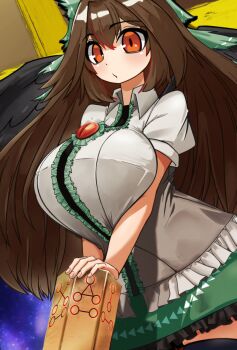 1girl arm_cannon black_thighhighs blush bow breasts brown_hair commentary_request frilled_skirt frills green_bow green_skirt hair_bow highres large_breasts long_hair looking_at_viewer red_eyes reiuji_utsuho shirt short_sleeves skirt solo starry_sky_print thighhighs third_eye touhou triangle_print ugogo_illust v_arms weapon white_shirt