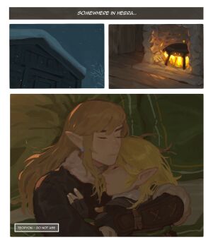 1boy 1girl absurdres artist_name bare_tree bed black_coat black_gloves blonde_hair cabin chimney closed_eyes coat cold couple cuddling earrings english_text fingerless_gloves fire gauntlets gloves green_coat hetero highres hug jewelry link long_hair lying nintendo on_bed pillow pointy_ears princess_zelda pyonteo short_hair sidelocks sleeping sleeping_on_person snow snowing the_legend_of_zelda the_legend_of_zelda:_breath_of_the_wild the_legend_of_zelda:_tears_of_the_kingdom tree upper_body winter winter_clothes winter_coat