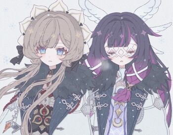Rule 34 | 2girls, black hair, blue eyes, bonnet, breath, brown hair, closed eyes, closed mouth, coat, colored inner hair, columbina (genshin impact), commentary, eye mask, fatui coat, fur-trimmed coat, fur trim, gem, genshin impact, hair ornament, headdress, highres, long hair, mask, multicolored hair, multiple girls, multiple wings, purple hair, purple streaks, red gem, sandrone (genshin impact), see-through clothes, see-through mask, short hair with long locks, snow, snowflakes, snowing, two-tone hair, untranslatable commentary, upper body, very long hair, white coat, white headdress, white mask, wing hair ornament, wings, winter clothes, x-shaped eyewear, yapc03