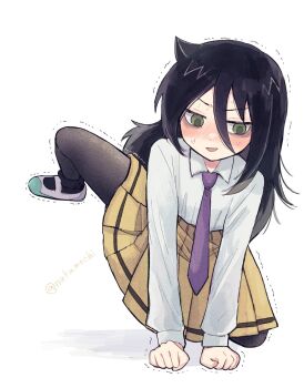 1girl all_fours artist_name black_hair black_pantyhose blush collared_shirt commentary_request green_eyes hair_between_eyes highres kuroki_tomoko leg_up long_hair long_sleeves miniskirt necktie nose_blush nuka_(nukamochi) open_mouth pantyhose pleated_skirt purple_necktie school_uniform shirt shoes signature simple_background skirt solo trembling uwabaki watashi_ga_motenai_no_wa_dou_kangaetemo_omaera_ga_warui! white_background white_shirt white_shoes yellow_skirt