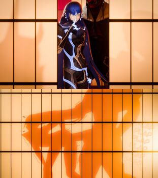 2boys 3d amateurthrowaway anal blue_hair colored_skin demon finger_to_mouth grabbing_another's_hair highres holding_another's_hair interspecies large_penis long_hair megami_tensei multiple_boys oni_(megami_tensei) penis protagonist_(smtv) red_skin screen_door shin_megami_tensei shin_megami_tensei_v shushing silhouette trap yaoi yellow_eyes