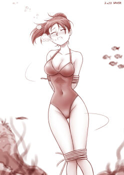 1girl absurdres air_bubble algae artist_name asphyxiation bdsm blurry blurry_background blush bondage bound breasts bubble cleavage clenched_teeth closed_eyes collarbone covered_navel cowboy_shot drowning fish highleg highleg_one-piece_swimsuit highres long_hair medium_breasts motion_lines one-piece_swimsuit original ponytail rock saver_(artbysaver) saver_(artist) struggling swimsuit teeth thighs underwater