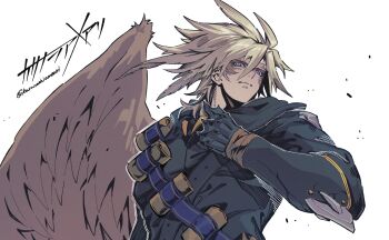 1boy black_shirt blush character_request commentary_request duel_monster grey_hair grey_wings highres kasanashiameari shirt signature simple_background single_wing solo twitter_username upper_body white_background wings yu-gi-oh!