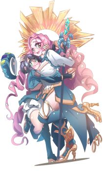 2girls blush breasts green_eyes hanazono_hahari haraga_kurumi hat heart heart-shaped_pupils joriale kimi_no_koto_ga_dai_dai_dai_dai_daisuki_na_100-nin_no_kanojo large_breasts long_hair multiple_girls pink_hair purple_hair short_hair smile symbol-shaped_pupils