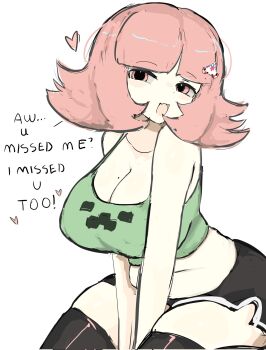 1girl bare_shoulders black_shorts black_thighhighs breasts brown_hair cleavage creeper danganronpa_(series) danganronpa_2:_goodbye_despair flipped_hair green_shirt hair_ornament highres large_breasts looking_at_viewer m3link medium_hair minecraft mole mole_on_breast nanami_chiaki navel pink_eyes pink_hair plump shirt shorts simple_background solo thighhighs