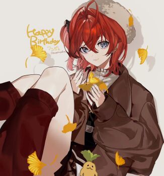 1girl ahoge alternate_costume ange_katrina autumn_leaves baggy_clothes black_vest brown_coat brown_hat brown_skirt brown_socks character_name check_translation closed_mouth coat commentary_request crossed_bangs drop_shadow english_text eyeshadow falling_leaves fur_hat grey_background grey_eyes grey_shirt hair_between_eyes hair_intakes hands_up happy_birthday hat highres holding holding_leaf kneehighs knees_up leaf long_bangs looking_at_viewer makeup mandragora_(ange_katrina) mappapaka medium_hair miniskirt mixed-language_text multiple_piercings nijisanji open_clothes open_coat pink_eyeshadow red_hair shirt side_ponytail sitting skirt sleeves_past_wrists smile socks translation_request twitter_username vest virtual_youtuber