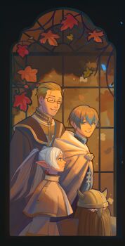 1girl 3boys absurdres autumn autumn_leaves beard black_cloak black_shirt brown_hair cape capelet cloak closed_eyes closed_mouth commentary dwarf eisen_(sousou_no_frieren) elf english_commentary expressionless facial_hair fake_horns frieren glasses grey_hair grin hair_between_eyes hanromi heiter helmet highres himmel_(sousou_no_frieren) horned_helmet horns leaf long_bangs long_hair looking_at_another multiple_boys pointy_ears rectangular_eyewear shirt short_hair smile sousou_no_frieren stained_glass standing twintails very_short_hair white_cape white_capelet