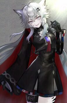 1girl animal_ears arknights black_gloves black_jacket black_skirt bloom bolo_tie cape commentary cowboy_shot gloves grey_eyes hair_between_eyes hair_ornament hairclip hand_up high-waist_skirt highres jacket lappland_(arknights) lappland_the_decadenza_(arknights) long_hair long_sleeves looking_at_viewer material_growth open_mouth oripathy_lesion_(arknights) red_cape scar scar_across_eye scar_on_face skirt smile solo standing utagawa_niki white_hair wolf_ears wolf_girl