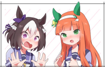 Rule 34 | 2girls, animal ears, beer hsk, blush, bow, braid, brown hair, ear bow, green eyes, hairband, hands up, horse ears, looking at viewer, multicolored hair, multiple girls, open mouth, orange hair, puffy short sleeves, puffy sleeves, purple bow, purple eyes, purple shirt, school uniform, shirt, short sleeves, silence suzuka (umamusume), small sweatdrop, special week (umamusume), sweat, tracen school uniform, two-tone hair, umamusume, upper body, wavy mouth, white bow, white hair, white hairband