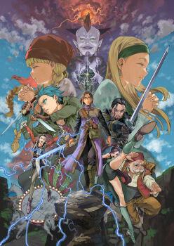 3girls 6+boys absurdres armor black_armor black_gloves black_hair black_shorts blonde_hair blue_hair boots braid brown_gloves brown_hair camus_(dq11) clenched_teeth closed_eyes colored_sclera colored_skin commentary dagger demon_boy dragon_quest dragon_quest_xi dual_wielding earrings erdrick's_sword everyone facial_hair fighting_stance fingerless_gloves fingernails floating_clothes floating_hair gloves glowing glowing_eyes gold_earrings green_footwear green_hairband green_tunic greig_(dq11) hair_slicked_back hairband hand_fan hat hero_(dq11) high_ponytail highres holding holding_dagger holding_fan holding_knife holding_sword holding_weapon hoop_earrings horns jewelry juliet_sleeves kicking knife knight lightning long_hair long_sleeves low_twin_braids martina_(dq11) matsuura_kento medium_hair mohawk multiple_boys multiple_girls mustache old old_man one_eye_closed open_mouth own_hands_together parted_hair pointy_ears ponytail profile puffy_sleeves purple_eyes purple_hair purple_lips red_hair red_hat red_vest row_(dq11) senya_(dq11) sharp_fingernails shorts spiked_hair sword sylvia_(dq11) teeth tunic twin_braids urnoga veronica_(dq11) vest weapon white_facial_hair white_hair white_skin yellow_sclera yggdrasil