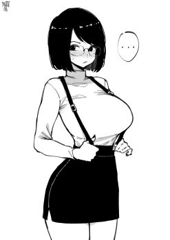 ... 1girl absurdres artist_name blush bob_cut breasts closed_mouth cowboy_shot desyana_laurentia frown glasses greyscale highres large_breasts long_sleeves looking_at_viewer medium_hair monochrome norman_maggot original pencil_skirt simple_background skirt solo spoken_ellipsis suspender_skirt suspenders suspenders_pull sweater sweater_tucked_in swept_bangs turtleneck turtleneck_sweater white_background
