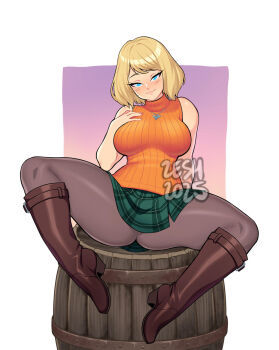 1girl 2025 20s ashley_graham barrel belt blonde_hair blue_eyes blush boots breasts brown_belt brown_boots brown_pantyhose capcom green_skirt hand_on_own_chest jewelry knee_boots large_breasts looking_at_viewer necklace orange_sweater pantyhose plaid_clothes plaid_skirt resident_evil resident_evil_4 short_hair sitting skirt sleeveless sleeveless_sweater smile spread_legs sweater white_background zeshgolden