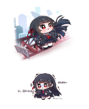 1girl arm_cutout black_hair black_serafuku black_shirt black_skirt chibi chibi_only chisa_(wuthering_waves) clothing_cutout commentary hair_ribbon high_up highres hue_oo long_hair long_sleeves looking_up neckerchief open_mouth paper red_eyes red_neckerchief red_ribbon ribbon sailor_collar scared school_uniform serafuku shirt skirt symbol-only_commentary thigh_strap trembling very_long_hair white_sailor_collar wind wuthering_waves