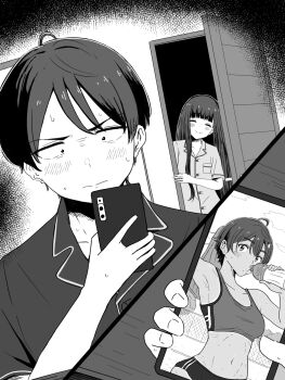 1boy 1girl ^_^ armpits blush brother_and_sister cellphone closed_eyes commentary_request dark-skinned_female dark_skin drinking fujimachi_masa greyscale hand_up highres holding holding_phone indoors lapels long_hair make_heroine_ga_oo_sugiru! monochrome navel nervous_sweating notched_lapels nukumizu_kaju nukumizu_kazuhiko pajamas phone short_hair siblings smartphone smile sports_bra sweat tanline_peek toned toned_female yakishio_lemon