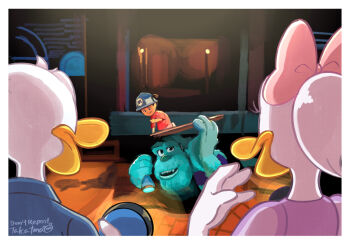2boys 2girls boo_(monsters_inc.) bow daisy_duck disney donald_duck duck_boy duck_girl furry james_p._sullivan looking_at_viewer mickey_mouse_&amp;_friends monster monster_boy monsters_inc. multiple_boys multiple_girls open_mouth ponytail shirt short_hair short_ponytail smile takatmaorange white_hair
