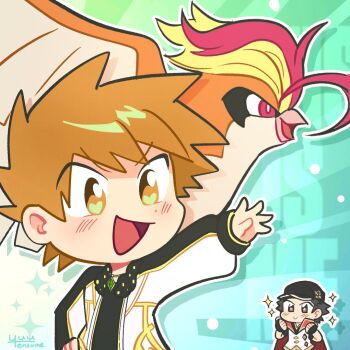 2boys beak bird black_gloves black_hat black_shirt blue_oak_(arc_suit) brown_eyes brown_hair cape chibi closed_mouth epaulettes fingerless_gloves fur_trim gem gen_1_pokemon gloves green_gemstone hat jacket jewelry male_focus mega_pidgeot mega_pokemon multiple_boys necklace nintendo official_alternate_costume open_clothes open_jacket open_mouth pidgeot plum pokemon pokemon_(creature) pokemon_masters_ex popped_collar red_(anniversary_2025)_(pokemon) red_(pokemon) red_cape shirt short_hair smile spiked_hair star_(symbol) vest white_jacket white_vest yuutenshine