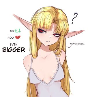 1girl bare_shoulders blonde_hair breasts covered_erect_nipples elf english_text eranahh highres long_hair medium_breasts nightgown nintendo parted_bangs pointy_ears princess_zelda red_eyes simple_background solo the_legend_of_zelda upper_body white_background