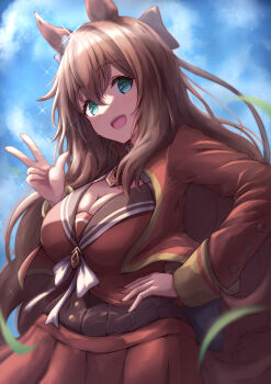 1girl absurdres animal_ears aqua_eyes blue_bow blue_sky bow breasts cleavage commentary_request cowboy_shot day ear_bow highres horse_ears horse_girl horse_tail jacket large_breasts long_hair long_sleeves looking_at_viewer maruzensky_(formula_r)_(umamusume) maruzensky_(umamusume) negiohh open_clothes open_jacket open_mouth outdoors red_jacket red_serafuku red_shirt red_skirt school_uniform serafuku shirt skirt sky smile solo sparkle tail umamusume very_long_hair w