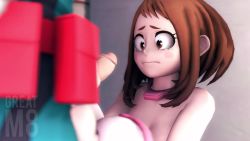 1boy 1girl 3d animated boku_no_hero_academia breasts brown_eyes brown_hair cum cum_in_mouth cum_on_body ejaculation facial gloves greatm8 green_hair handjob hetero kneeling medium_breasts midoriya_izuku moaning nipples open_mouth penis public_indecency sound source_request testicle_grab uncensored uraraka_ochako video