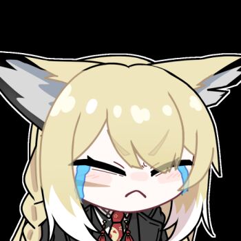 1girl acomu414 animal_ears animated animated_gif arknights black_jacket black_vest blonde_hair braid brown_gloves camera chibi closed_eyes closed_mouth collared_shirt commentary_request crying fox_ears gloves holding holding_camera jacket jacket_on_shoulders korean_commentary long_hair lowres necktie open_mouth red_necktie shirt simple_background single_braid solo streaming_tears tears upper_body vest vulpisfoglia_(arknights) white_background white_shirt