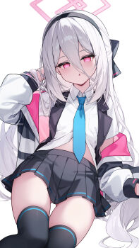 1girl black_hairband black_skirt black_thighhighs black_vest blue_archive blue_necktie collared_shirt commentary_request hairband halo highres jacket kei_(blue_archive) kei_(new_body)_(blue_archive) long_bangs long_hair necktie open_clothes open_jacket open_vest parted_lips pink_eyes pink_halo pinki_o64 shirt simple_background skirt solo thighhighs vest white_background white_hair white_jacket white_shirt
