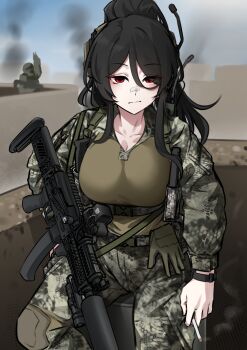 1girl 1other absurdres ammunition_pouch assault_rifle bandaid bandaid_on_face bandaid_on_nose bandit-chan_(k0ng) black_hair blue_sky box breasts building camouflage camouflage_jacket camouflage_pants chest_harness cigarette cityscape collarbone day empty_eyes expressionless gloves green_gloves green_shirt gun hair_between_eyes hair_intakes hand_on_own_hip harness headset high_ponytail highres holding holding_cigarette jacket k0ng knee_pads large_breasts long_hair looking_at_viewer military_combat_uniform military_uniform on_box open_clothes open_jacket original outdoors pants ponytail pouch radio red_eyes rifle shirt sidelocks single_knee_pad sitting sitting_on_box sky smoke suppressor tsurime unworn_gloves war watch weapon wristwatch