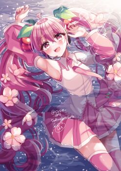 1girl arm_up armpits bare_shoulders blush breasts cherry_blossoms cherry_hair_ornament collared_shirt commentary_request detached_sleeves doroshii flower food-themed_hair_ornament hair_between_eyes hair_ornament hatsune_miku highres long_hair long_sleeves looking_at_viewer medium_breasts miku_day miniskirt necktie open_mouth pink_eyes pink_flower pink_hair pink_nails pink_necktie pink_skirt pink_sleeves pink_trim pleated_skirt sakura_miku shirt skirt sleeveless sleeveless_shirt smile thighhighs thighs twintails very_long_hair vocaloid water wet white_shirt wide_sleeves zettai_ryouiki