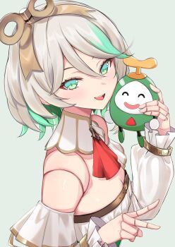 1girl absurdres ascot breasts cecilia_immergreen cecilia_immergreen_(1st_costume) detached_collar doll_joints green_eyes green_hair grey_hair hair_between_eyes heckler_kai highres hololive hololive_english joints open_mouth otomo_(cecilia_immergreen) red_ascot romper small_breasts virtual_youtuber white_romper winding_key