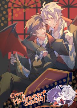 Rule 34 | 2boys, ahoge, azitsukeniku, bat wings, biting, biting cheek, black hair, bottle, closed mouth, commentary, crow armbrust, cup, dated, double-parted bangs, eiyuu densetsu, english commentary, glass, hair between eyes, halloween, heart, highres, holding, holding bottle, holding cup, indoors, mixed-language commentary, mullet, multiple boys, open mouth, parted bangs, purple eyes, rean schwarzer, red eyes, sen no kiseki (series), short hair, smile, upper body, white hair, window, wing collar, wings, yaoi