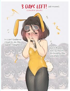 1girl blush breasts brown_hair closed_eyes creator_(neneneqo) embarrassed fishnet_pantyhose fishnets glasses leotard mole mole_on_thigh neqo_(neneneqo) pantyhose playboy_bunny rabbit_ears rabbit_tail small_breasts solo sweat sweatdrop thighs yellow_leotard