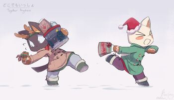 >_< 2boys alternate_costume animal_ears blush_stickers brown_coat cat_boy cat_ears cat_tail chibikemo christmas coat commentary copyright_name doko_demo_issyo english_commentary furry furry_male gift green_coat hat highres holding holding_gift inoue_toro kuro_(doko_demo_issyo) male_focus multiple_boys outdoors running santa_hat snow tail winter_clothes wolfaroon