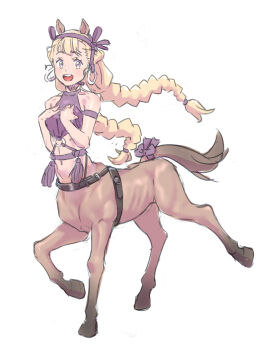 1girl animal_ears bare_shoulders belt blonde_hair braid centaur commentary_request halterneck harness harness_belt highres hooves horse_ears horse_tail kimikahonma long_hair looking_at_viewer monster_girl multiple_legs o-ring o-ring_harness open_mouth original purple_eyes purple_ribbon ribbon side_braid simple_background solo tail tassel taur teeth twin_braids upper_teeth_only white_background