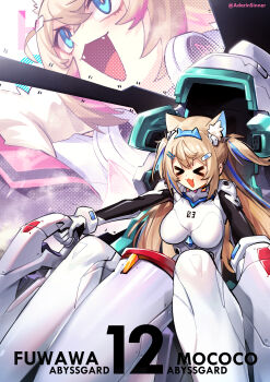 >_< 2girls :3 :d absurdres adarin animal_ear_fluff animal_ears bandaid bandaid_hair_ornament black_jacket blonde_hair blue_eyes blue_hair blue_hairband bodysuit breasts character_name cockpit commentary_request crossed_bangs dog_ears dog_girl double-parted_bangs entry_plug fake_horns foreground_text fur-trimmed_jacket fur_trim fuwawa_abyssgard hair_between_eyes hair_ornament hairband hairclip headphones headphones_around_neck highres hololive hololive_english horns interface_headset_(evangelion) jacket large_breasts long_hair mecha_pilot_suit mococo_abyssgard mococo_abyssgard_(1st_costume) multicolored_hair multiple_girls neon_genesis_evangelion open_clothes open_jacket open_mouth piloting pink_eyes pink_hair plugsuit_(evangelion) shirt short_hair siblings sisters smile streaked_hair thai_commentary twins two_side_up virtual_youtuber white_bodysuit white_shirt