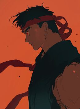 1boy absurdres black_dougi chongzhen_085 closed_mouth commentary_request dark_persona dougi evil_ryu forked_eyebrows from_side headband highres male_focus orange_background profile red_eyes red_headband ryu_(street_fighter) solo street_fighter torn_clothes torn_sleeves