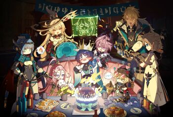 4boys 5girls =_= ? ?? absurdres ahoge aino_(genshin_impact) alalen albedo_(genshin_impact) alice_(genshin_impact) alternate_headwear animalization aqua_coat aqua_eyes arm_guards arm_rest arm_scarf armor artist_name asymmetrical_sidelocks asymmetrical_sleeves bandeau bangs_pinned_back bar_(place) bare_shoulders beanie behind_another belt birthday_cake birthday_party black_bandeau black_belt black_bodysuit black_bow black_bridal_gauntlets black_coat black_gloves black_hair black_hat black_hood black_horns black_scarf black_shirt black_shorts black_sleeves blank_eyes blonde_hair blue_cape blue_eyes blue_gem blue_hair blue_hat blue_kimono blue_sleeves blunt_bangs blunt_ends blush bodysuit bottle bow box braid braided_hair_rings bridal_gauntlets cake candle candlelight cape cat_cutout chain cleavage_cutout clenched_hand clipboard closed_eyes clothing_cutout coat collar collared_coat commentary_request confetti couch cowlick crispy_roast_(genshin_impact) cross-laced_clothes cross-laced_leotard cross-shaped_pupils crossed_bangs crown cup curtained_hair dated detached_collar detached_sleeves dragon_horns drawing_(action) dress drooling durin_(genshin_impact) ear_blush earflap_beanie embarrassed equation eyelashes eyewear_on_head feather_hair_ornament feathers fingerless_gloves fire_extinguisher flight_attendant_hat food forehead furisode gem genshin_impact glove_cutout gloves gold gold_crown gold_halo gold_ring green_shirt green_sleeves grey_leotard grey_pants hair_between_eyes hair_bun hair_ornament hair_rings hairclip half_crown_braid half_up_braid happy_birthday hat head_down heart heart-shaped_gem heart_hair_ornament highres holding holding_clipboard holding_fire_extinguisher holding_knife holding_party_popper holding_unworn_clothes holding_unworn_hat holographic_monitor hood hood_down hooded_coat horns huge_ahoge indoors ineffa_(genshin_impact) jahoda_(genshin_impact) japanese_armor japanese_clothes jewelry jingasa juban kimono knife kote kurokote lakkaberry-stuffed_chicken_(genshin_impact) lakkaberry_krumkake_(genshin_impact) large_forehead layered_sleeves leaf leaf_hair_ornament leg_belt leotard locked_arms long_hair long_sleeves looking_at_another looking_at_food looking_at_object mandala mandarin_collar mechanical_arms mechanical_ears mechanical_hands mechanical_legs middle_ring mismatched_sleeves mouth_drool multiple_boys multiple_girls mystical_high_collar nahida_(genshin_impact) nasha_town_(genshin_impact) open_clothes open_coat open_hand open_kimono open_mouth padded_coat palms_together pants party_popper pauldrons person_and_animalization pink-tinted_eyewear pink_hair plate pointy_ears pom_pom_(clothes) purple_eyes purple_hair purple_horns purple_sash pyro_symbol_(genshin_impact) red_cape red_collar red_dress red_eyes red_gemstone red_scarf red_sleeves ribbed_sleeves ring robot_girl sash scar scaramouche_(cat)_(genshin_impact) scaramouche_(genshin_impact) scarf scarf_over_mouth screw_hair_ornament shirt short_hair short_hair_with_long_locks short_sleeves shorts shoulder_armor side_ponytail sidelocks sideways_mouth single_bare_shoulder single_hair_intake single_off_shoulder single_pauldron sitting sleeveless sleeveless_coat sleeves_past_wrists smile solid_circle_eyes sparkling_eyes speech_bubble spoon standing strapless strapless_dress swept_bangs symbol-shaped_pupils table tinted_eyewear triangle_mouth two-sided_cape two-sided_fabric two-sided_horns undershirt unworn_hat unworn_headwear varka_(genshin_impact) very_long_hair wanderer_(genshin_impact) wedding_ring white_coat white_feathers white_gloves white_kimono white_sleeves white_trim wispy_bangs x_hair_ornament yellow-framed_eyewear yellow_feathers