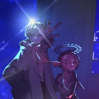 Rule 34 | 1boy, 1girl, a.i. voice, adachi rei, coat, commentary request, cropped, fake screenshot, fur-trimmed coat, fur trim, hair over one eye, halo, hand in pocket, headlamp, kazehiki (utau), looking to the side, orange eyes, orange hair, orange scarf, scarf, senri (hrydy o), standing, upper body, utau