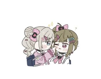 Rule 34 | 2girls, ?, ahoge, blue eyes, bow, bowtie, brown hair, cardigan, ceras yanagida lilienfeld, cheek poking, chibi, chibi only, collared shirt, commentary request, cropped torso, double bun, grey hair, gyaru, hair bow, hair bun, hair ornament, hairclip, heisei gals!!!! (love live!), heisei retro, kachimachi kosuzu, kogal, korean commentary, link! like! love live!, love live!, multiple girls, open cardigan, open clothes, parallel hairclips, pink bow, pink bowtie, pink cardigan, pink eyes, poking, school uniform, shirt, side ponytail, simple background, sparkle, twintails, virtual youtuber, white background, white shirt, zueka27