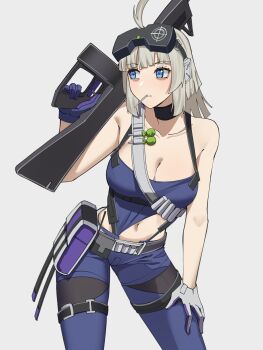 1girl aa-12 aa-12_(girls&#039;_frontline) absurdres asymmetrical_gloves bags_under_eyes blonde_hair blue_eyes blue_pants breasts cleavage collarbone commentary cowboy_shot gar32 girls&#039;_frontline girls&#039;_frontline_2:_exilium gloves grey_background gun hand_on_own_leg head-mounted_display highres holding holding_gun holding_weapon lind_(girls&#039;_frontline_2) lollipop_in_mouth mismatched_gloves navel pants purple_gloves shotgun simple_background solo trigger_discipline weapon white_gloves