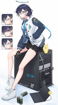 1girl absurdres anger_vein aqua-framed_eyewear aqua_eyes black_hair black_skirt blue_archive blue_cardigan blue_necktie blue_sleeves blush breasts cardigan cellphone chihiro_(blue_archive) closed_eyes closed_mouth collared_shirt commentary computer frown full_body glasses grin hair_between_eyes hair_ornament halo hand_in_pocket highres holding holding_phone id_card jacket lanyard laptop large_breasts long_sleeves looking_at_viewer mola_(mola526) monster_energy multicolored_jacket multiple_expressions necktie one_eye_closed open_clothes phone pleated_skirt rabbit_hair_ornament school_uniform semi-rimless_eyewear server shaded_face shirt shoes short_hair sidelocks simple_background sitting skirt smartphone smile sneakers solo stuffed_animal stuffed_rabbit stuffed_toy teeth two-tone_jacket under-rim_eyewear white_background white_jacket white_shirt white_shoes