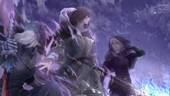 Rule 34 | absurdres, armor, black dress, brown hair, burn scar, dark souls (series), dark souls iii, dress, elden ring, elden ring nightreign, fire, gauntlets, green dress, grey eyes, highres, holding, holding scythe, holding sword, holding weapon, hood, katana, liliane of londor, pin.s, rain, scar, scythe, sister friede, sword, watermark, weapon, white hair, yuria of londor