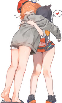 2girls absurdres beret black_hair chef_hat chocosong closed_eyes feet flying_sweatdrops grey_hoodie hat heart highres hololive hololive_english hood hoodie hug long_hair microskirt multicolored_hair multiple_girls multiple_hats navel ninomae_ina&#039;nis ninomae_ina&#039;nis_(loungewear) official_alternate_costume orange_hair orange_skirt simple_background skirt slippers soles spoken_heart standing takanashi_kiara takanashi_kiara_(1st_costume) tentacle_hair virtual_youtuber white_background