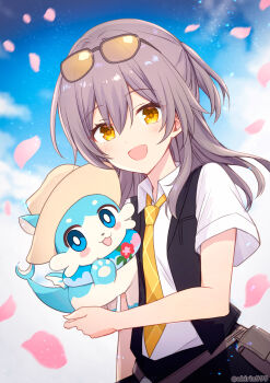 1girl akitsuki_ria animal black_vest bubbles_(honkai:_star_rail) collared_shirt commentary_request eyewear_on_head falling_petals grey_hair hair_between_eyes highres holding holding_animal honkai:_star_rail honkai_(series) long_hair looking_at_viewer necktie official_alternate_costume open_mouth petals pouch shirt short_sleeves stelle_(chimerric_park)_(honkai:_star_rail) stelle_(honkai:_star_rail) sunglasses tinted_eyewear trailblazer_(honkai:_star_rail) twitter_username upper_body vest white_shirt yellow-tinted_eyewear yellow_eyes yellow_necktie