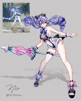 1girl animal_print bare_shoulders black_bow bow bowtie breasts butterfly_print clothing_cutout commentary_request drill_hair footwear_ribbon frilled_one-piece_swimsuit frilled_wrist_cuffs frills game_screenshot_inset gem grey_background grey_gemstone hair_between_eyes hair_bow heart_cutout holding holding_umbrella leaning_to_the_side legs_apart long_hair looking_to_the_side medium_breasts mole mole_under_eye multicolored_umbrella nail_polish navel official_alternate_costume om_rm1101 one-piece_swimsuit open_mouth pink_bow pink_umbrella pointy_ears purple_bow purple_bowtie purple_hair purple_shoes red_eyes reference_inset see-through_clothes shadow shoes sideboob_cutout signature solo stomach stomach_cutout swimsuit thigh_strap toenail_polish toenails twitter_username two-tone_one-piece_swimsuit umbrella vivian_banshee vivian_banshee_(iris_of_the_shore) wrist_cuffs zenless_zone_zero