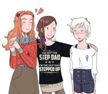 3girls arm_around_shoulder ayellowapple black_shirt blue-framed_eyewear blue_shirt blue_shorts blush brooch brown_hair brown_skirt closed_eyes closed_mouth clothes_writing collarbone collared_shirt commission diana_(kyokugen_dasshutsu) eyelashes flower glasses hair_flower hair_ornament hair_over_shoulder hand_on_another's_shoulder heart high-waist_shorts highres holding_hands jewelry kurashiki_akane kyokugen_dasshutsu long_hair long_skirt long_sleeves meme_attire_request multiple_girls necklace no_sclera open_mouth orange_hair phi_(kyokugen_dasshutsu) ponytail purple_flower red_sweater second-party_source shirt shirt_under_sweater short_hair shorts simple_background skirt smile split_mouth star_(symbol) sweater very_short_hair white_background white_shirt yuri zero_escape:_toki_no_dilemma