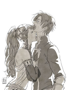 1boy 1girl bad_id bad_pixiv_id bare_shoulders blush braid breasts bridal_gauntlets closed_eyes commentary dancer ephraim_(fire_emblem) fire_emblem fire_emblem:_the_sacred_stones fire_emblem_awakening from_side greyscale hairband hand_on_another's_chest hetero high_collar highres imminent_neck_licking long_hair long_sleeves medium_breasts monochrome nintendo olivia_(fire_emblem) open_mouth ponytail profile sanxian_(yzderia) shirt short_hair side_braid signature simple_background tongue tongue_out upper_body white_background