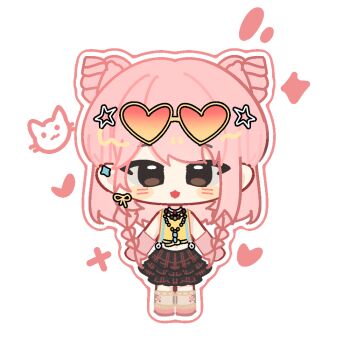 1girl baihuhu61553 bare_shoulders bead_necklace beads black_skirt blush_stickers braid braided_bun brown_eyes cat chibi chinese_commentary commentary_request cone_hair_bun double_bun ear_piercing earrings eyes_visible_through_hair eyewear_on_head floral_print frilled_skirt frills gloves grey_socks hair_bun happy heart heart-shaped_eyewear infinity_nikki jewelry kneehighs long_hair medium_skirt midriff necklace nikki_(nikki) nikki_(series) open_mouth orange-tinted_eyewear outline pendant piercing pink_arm_warmers pink_gloves pink_hair pink_shoes plaid_clothes plaid_skirt print_socks ribbon ribbon_earrings shirt shoes side_braids simple_background single_earring skirt sleeveless sleeveless_shirt smile socks solo sparkle standing star_(symbol) straight-on sunglasses suspender_skirt suspenders tinted_eyewear twin_braids white_background white_outline yellow-framed_eyewear yellow_ribbon yellow_shirt