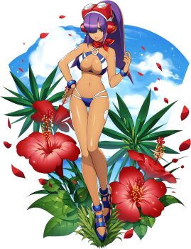1girl android bikini blunt_bangs bracelet breasts capcom cloud flower full_body hair_over_one_eye hand_on_own_hip headset high_ponytail highres hime_cut jewelry large_breasts layer_(mega_man) long_hair looking_at_viewer mega_man_(series) mega_man_x_(series) mega_man_x_dive mizuno_keisuke mole mole_under_eye official_art ponytail purple_hair scarf sky smile solo summer swimsuit transparent_background