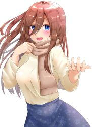 Rule 34 | 1girl, :d, blue eyes, blue skirt, breasts, brown hair, brown scarf, commentary request, go-toubun no hanayome, highres, large breasts, long hair, long hair between eyes, long sleeves, looking at viewer, nakano miku, nishiwaki rui (gfew5483), open mouth, reaching, reaching towards viewer, scarf, shirt tucked in, skirt, smile, solo, sweater, white background, white sweater
