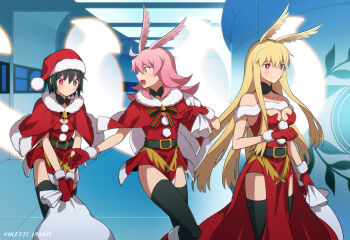 3girls bare_shoulders black_hair black_thighhighs blonde_hair blush breasts collarbone commentary_request dress fate/grand_order fate_(series) gift_bag gloves hallway head_wings hildr_(fate) long_hair medium_breasts medium_hair meiji_ken multiple_girls open_mouth ortlinde_(fate) pink_hair red_eyes red_gloves santa_costume santa_dress short_hair siblings sisters thighhighs thrud_(fate) twitter_username valkyrie_(fate) wings